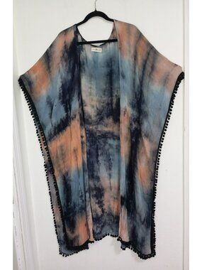 Natural Life Tie-Dye Kimono Cardigan Black Open Front One Size 100% Rayon Women